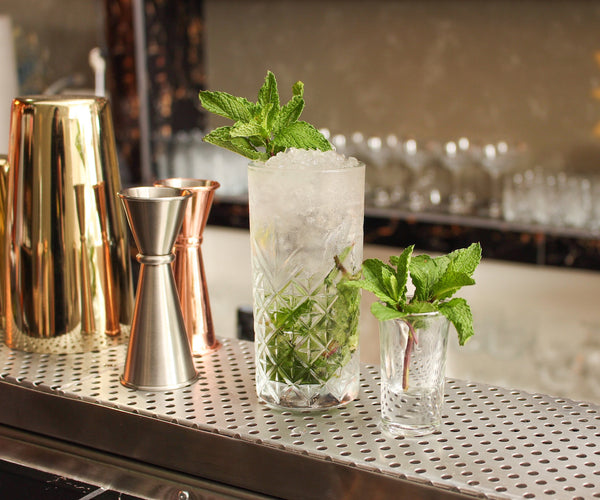 Tall glass at bar filled with ice and mint