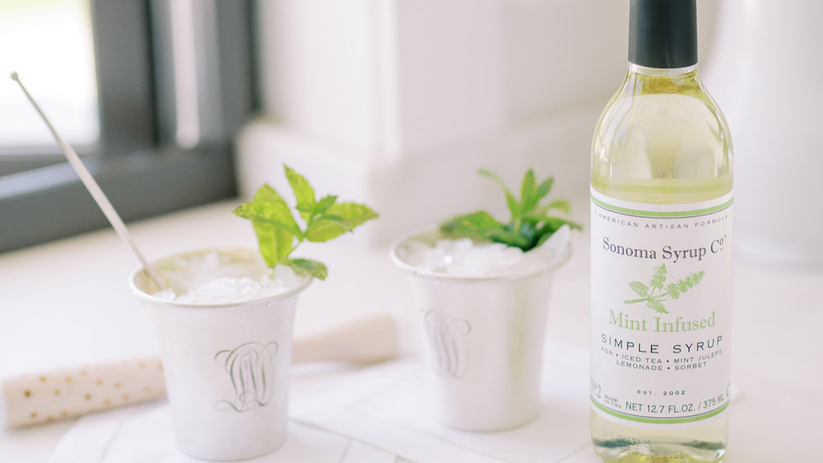 Bottle of Classic Mint Julep cocktail recipe with Mint Infused Simple Syrup