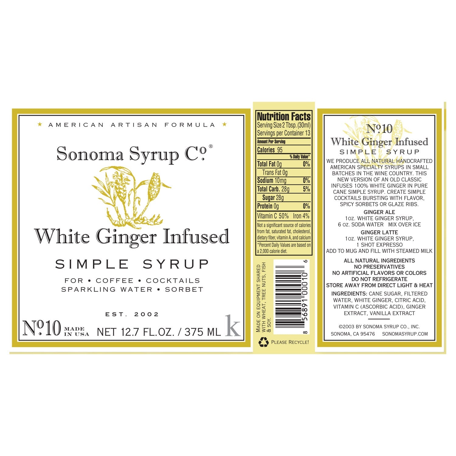 No. 10 White Ginger Infused Simple Syrup - Sonoma Syrup Co.