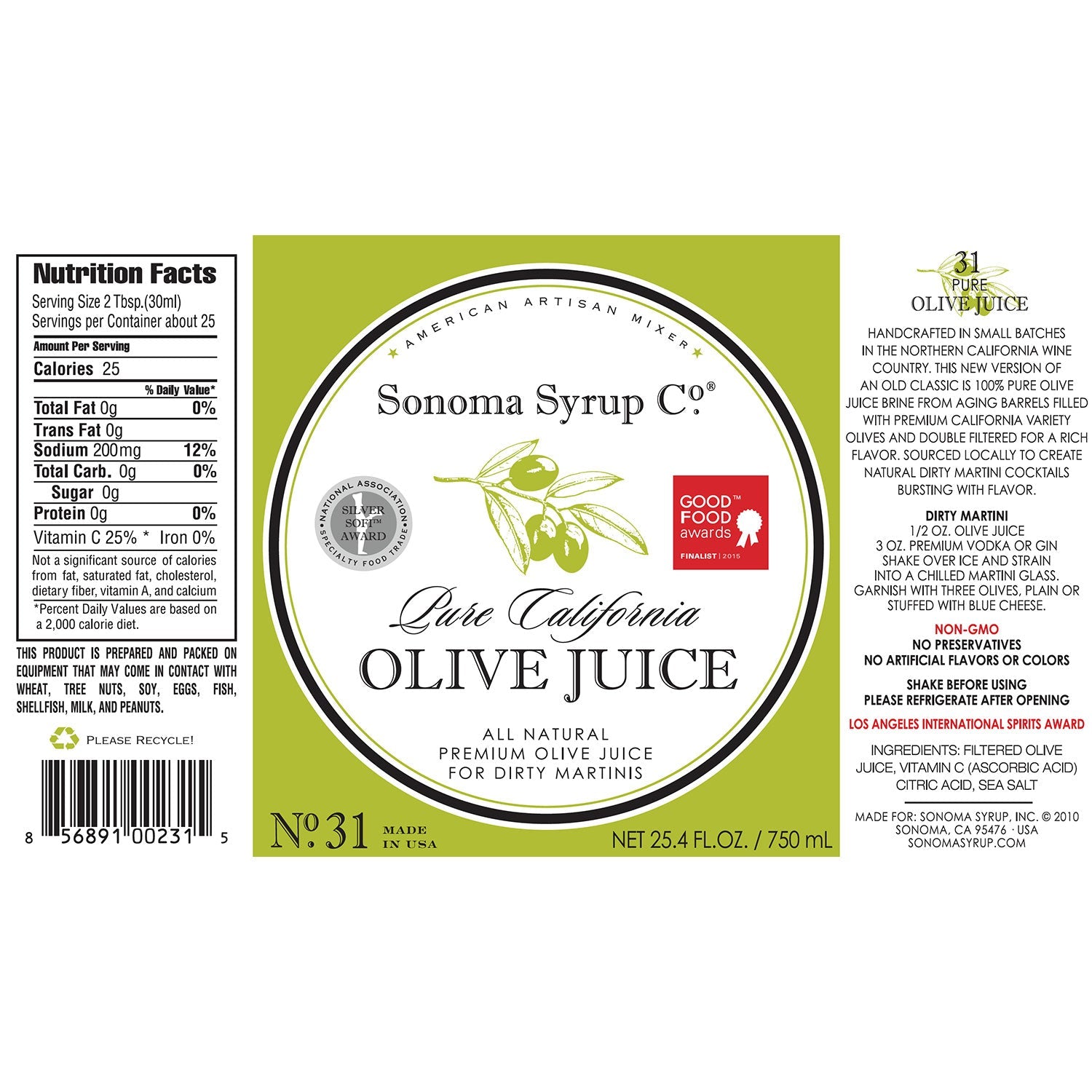 No. 31 Pure California Olive Juice - Sonoma Syrup Co.